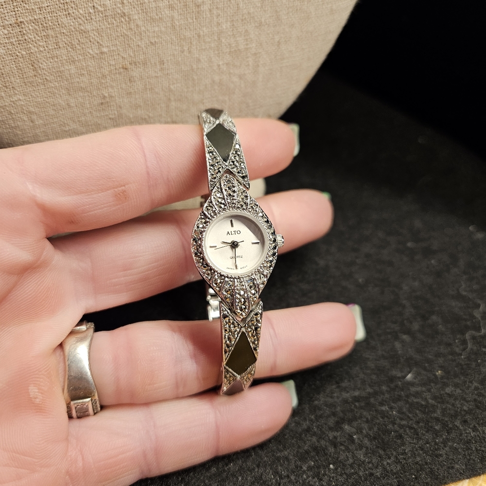 Vintage Alto quartz watch with onyx and marquisite. Missing one little stone.